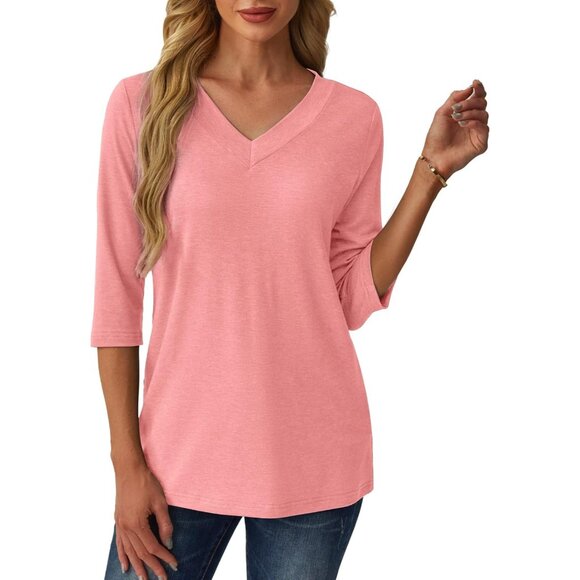 Women's Rayon Polyester Spandex V-Neck 3/4 Sleeve Casual Loose Fit Top - Picture 2 of 4